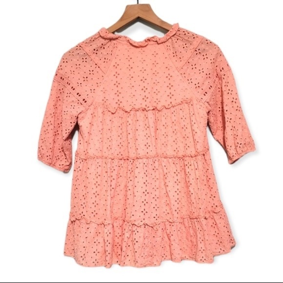 Altar'd State Pink Eyelet Ruffle Tiered Boho Flowy Top Short Mini Dress Size S - Picture 2 of 6